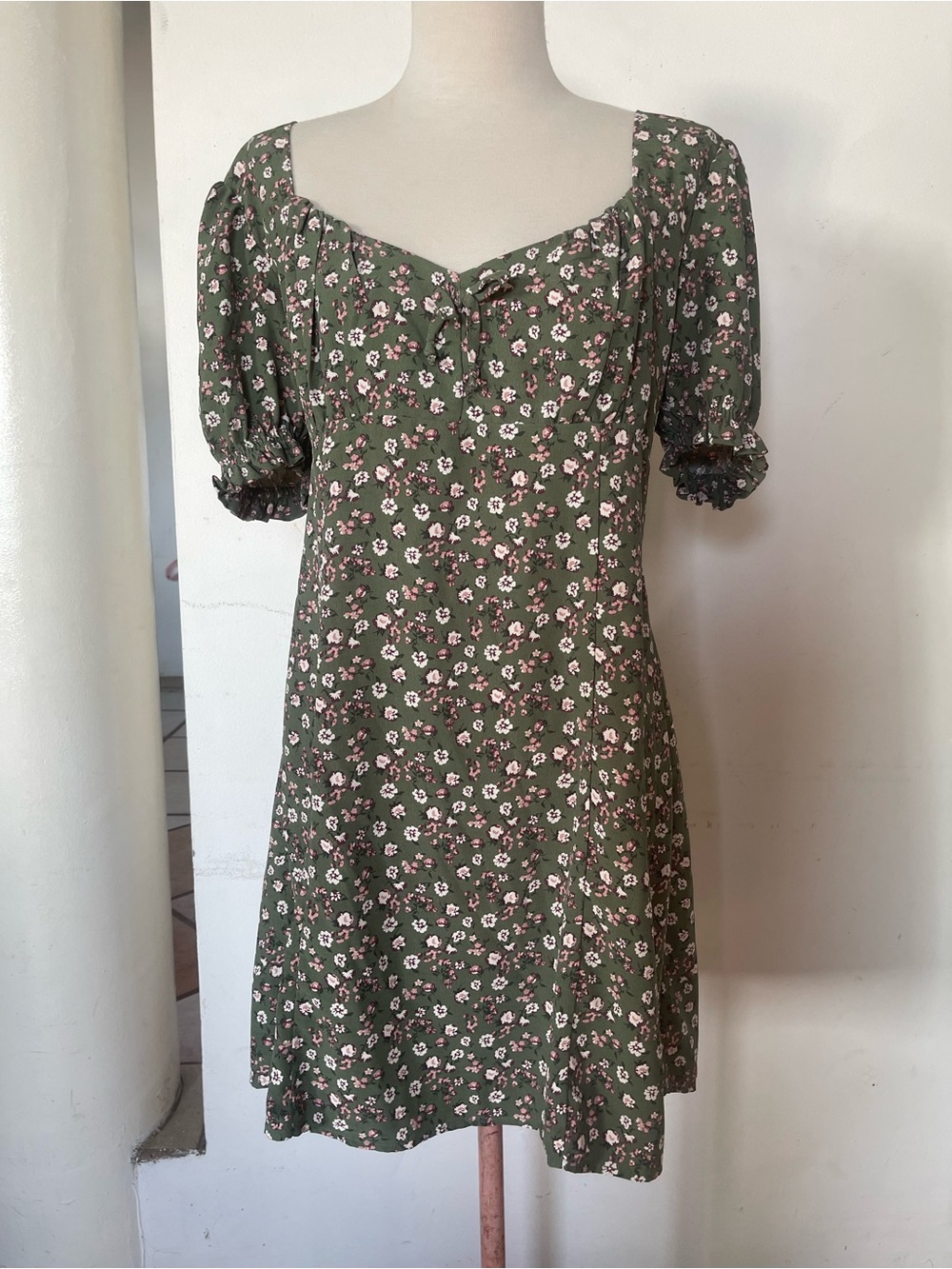 Altar'd State Olive Green Floral Square Neck Mini Dress
